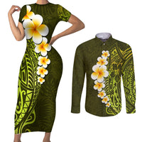 Lime Green Tropical Plumeria With Galaxy Polynesian Art Couples Matching Short Sleeve Bodycon Dress and Long Sleeve Button Shirt - Wonder Print Shop