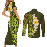 Lime Green Tropical Plumeria With Galaxy Polynesian Art Couples Matching Short Sleeve Bodycon Dress and Long Sleeve Button Shirt - Wonder Print Shop