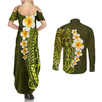 Lime Green Tropical Plumeria With Galaxy Polynesian Art Couples Matching Summer Maxi Dress and Long Sleeve Button Shirt - Wonder Print Shop