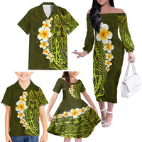 Lime Green Tropical Plumeria With Galaxy Polynesian Art Family Matching Off Shoulder Long Sleeve Dress and Hawaiian Shirt - Wonder Print Shop