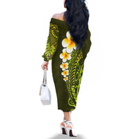 Lime Green Tropical Plumeria With Galaxy Polynesian Art Family Matching Off Shoulder Long Sleeve Dress and Hawaiian Shirt - Wonder Print Shop