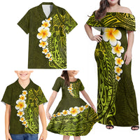 Lime Green Tropical Plumeria With Galaxy Polynesian Art Family Matching Off Shoulder Maxi Dress and Hawaiian Shirt - Wonder Print Shop