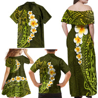 Lime Green Tropical Plumeria With Galaxy Polynesian Art Family Matching Off Shoulder Maxi Dress and Hawaiian Shirt - Wonder Print Shop