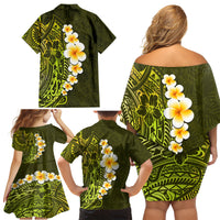 Lime Green Tropical Plumeria With Galaxy Polynesian Art Family Matching Off Shoulder Short Dress and Hawaiian Shirt - Wonder Print Shop