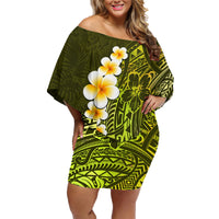 Lime Green Tropical Plumeria With Galaxy Polynesian Art Family Matching Off Shoulder Short Dress and Hawaiian Shirt - Wonder Print Shop