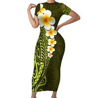 Lime Green Tropical Plumeria With Galaxy Polynesian Art Family Matching Short Sleeve Bodycon Dress and Hawaiian Shirt - Wonder Print Shop