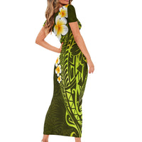 Lime Green Tropical Plumeria With Galaxy Polynesian Art Family Matching Short Sleeve Bodycon Dress and Hawaiian Shirt - Wonder Print Shop