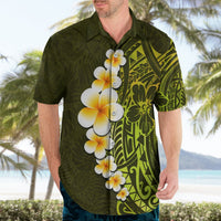 Green button-front Hawaiian shirt with lime pattern and white-orange plumeria flower graphic