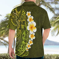 Green tropical Hawaiian shirt back view with lime tribal art and white-orange plumeria flowers