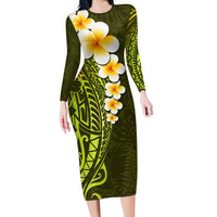 Lime Green Tropical Plumeria With Galaxy Polynesian Art Long Sleeve Bodycon Dress - Wonder Print Shop