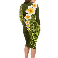 Lime Green Tropical Plumeria With Galaxy Polynesian Art Long Sleeve Bodycon Dress - Wonder Print Shop