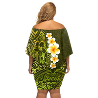 Lime Green Tropical Plumeria With Galaxy Polynesian Art Off Shoulder Short Dress - Wonder Print Shop