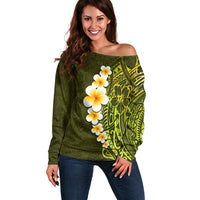 Lime Green Tropical Plumeria With Galaxy Polynesian Art Off Shoulder Sweater - Wonder Print Shop