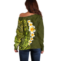 Lime Green Tropical Plumeria With Galaxy Polynesian Art Off Shoulder Sweater - Wonder Print Shop