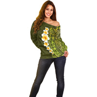 Lime Green Tropical Plumeria With Galaxy Polynesian Art Off Shoulder Sweater - Wonder Print Shop