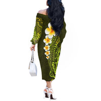 Lime Green Tropical Plumeria With Galaxy Polynesian Art Off The Shoulder Long Sleeve Dress - Wonder Print Shop