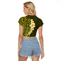 Lime Green Tropical Plumeria With Galaxy Polynesian Art Raglan Cropped T Shirt - Wonder Print Shop