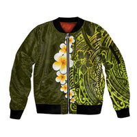 Lime Green Tropical Plumeria With Galaxy Polynesian Art Sleeve Zip Bomber Jacket - Wonder Print Shop