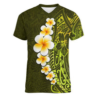 Lime Green Tropical Plumeria With Galaxy Polynesian Art Women V Neck T Shirt - Wonder Print Shop
