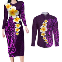 Purple Tropical Plumeria With Galaxy Polynesian Art Couples Matching Long Sleeve Bodycon Dress and Long Sleeve Button Shirt - Wonder Print Shop