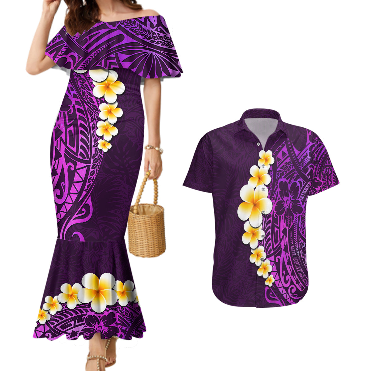 purple-tropical-plumeria-with-galaxy-polynesian-art-couples-matching-mermaid-dress-and-hawaiian-shirt