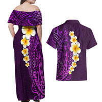 Purple Tropical Plumeria With Galaxy Polynesian Art Couples Matching Off Shoulder Maxi Dress and Hawaiian Shirt - Wonder Print Shop