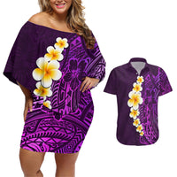Purple Tropical Plumeria With Galaxy Polynesian Art Couples Matching Off Shoulder Short Dress and Hawaiian Shirt - Wonder Print Shop