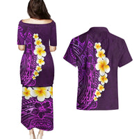 Purple Tropical Plumeria With Galaxy Polynesian Art Couples Matching Puletasi Dress and Hawaiian Shirt - Wonder Print Shop