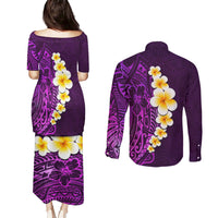 Purple Tropical Plumeria With Galaxy Polynesian Art Couples Matching Puletasi Dress and Long Sleeve Button Shirt - Wonder Print Shop