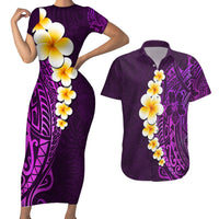Purple Tropical Plumeria With Galaxy Polynesian Art Couples Matching Short Sleeve Bodycon Dress and Hawaiian Shirt - Wonder Print Shop
