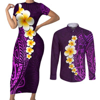 Purple Tropical Plumeria With Galaxy Polynesian Art Couples Matching Short Sleeve Bodycon Dress and Long Sleeve Button Shirt - Wonder Print Shop