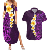 Purple Tropical Plumeria With Galaxy Polynesian Art Couples Matching Summer Maxi Dress and Hawaiian Shirt - Wonder Print Shop