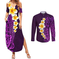 Purple Tropical Plumeria With Galaxy Polynesian Art Couples Matching Summer Maxi Dress and Long Sleeve Button Shirt - Wonder Print Shop