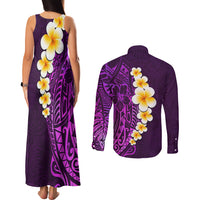 Purple Tropical Plumeria With Galaxy Polynesian Art Couples Matching Tank Maxi Dress and Long Sleeve Button Shirt - Wonder Print Shop