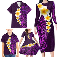 Purple Tropical Plumeria With Galaxy Polynesian Art Family Matching Long Sleeve Bodycon Dress and Hawaiian Shirt - Wonder Print Shop