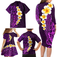 Purple Tropical Plumeria With Galaxy Polynesian Art Family Matching Long Sleeve Bodycon Dress and Hawaiian Shirt - Wonder Print Shop