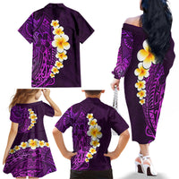 Purple Tropical Plumeria With Galaxy Polynesian Art Family Matching Off Shoulder Long Sleeve Dress and Hawaiian Shirt - Wonder Print Shop