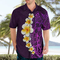 Purple Hawaiian shirt on model, front view with yellow-white plumeria flowers and tribal motif
