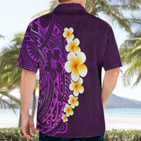 Purple Hawaiian shirt, back view with yellow-white plumeria flowers over tribal pattern
