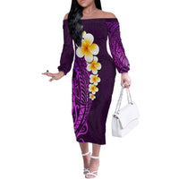 Purple Tropical Plumeria With Galaxy Polynesian Art Off The Shoulder Long Sleeve Dress - Wonder Print Shop