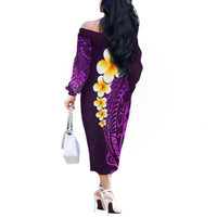 Purple Tropical Plumeria With Galaxy Polynesian Art Off The Shoulder Long Sleeve Dress - Wonder Print Shop