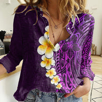 Purple Tropical Plumeria With Galaxy Polynesian Art Women Casual Shirt - Wonder Print Shop