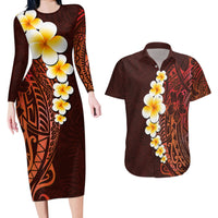 Red Tropical Plumeria With Galaxy Polynesian Art Couples Matching Long Sleeve Bodycon Dress and Hawaiian Shirt - Wonder Print Shop