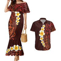 Red Tropical Plumeria With Galaxy Polynesian Art Couples Matching Mermaid Dress and Hawaiian Shirt - Wonder Print Shop