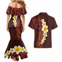 Red Tropical Plumeria With Galaxy Polynesian Art Couples Matching Mermaid Dress and Hawaiian Shirt - Wonder Print Shop
