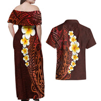 Red Tropical Plumeria With Galaxy Polynesian Art Couples Matching Off Shoulder Maxi Dress and Hawaiian Shirt - Wonder Print Shop