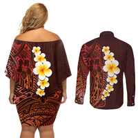 Red Tropical Plumeria With Galaxy Polynesian Art Couples Matching Off Shoulder Short Dress and Long Sleeve Button Shirt - Wonder Print Shop