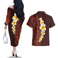Red Tropical Plumeria With Galaxy Polynesian Art Couples Matching Off The Shoulder Long Sleeve Dress and Hawaiian Shirt - Wonder Print Shop