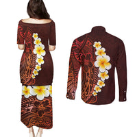 Red Tropical Plumeria With Galaxy Polynesian Art Couples Matching Puletasi Dress and Long Sleeve Button Shirt - Wonder Print Shop