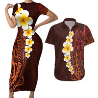 Red Tropical Plumeria With Galaxy Polynesian Art Couples Matching Short Sleeve Bodycon Dress and Hawaiian Shirt - Wonder Print Shop